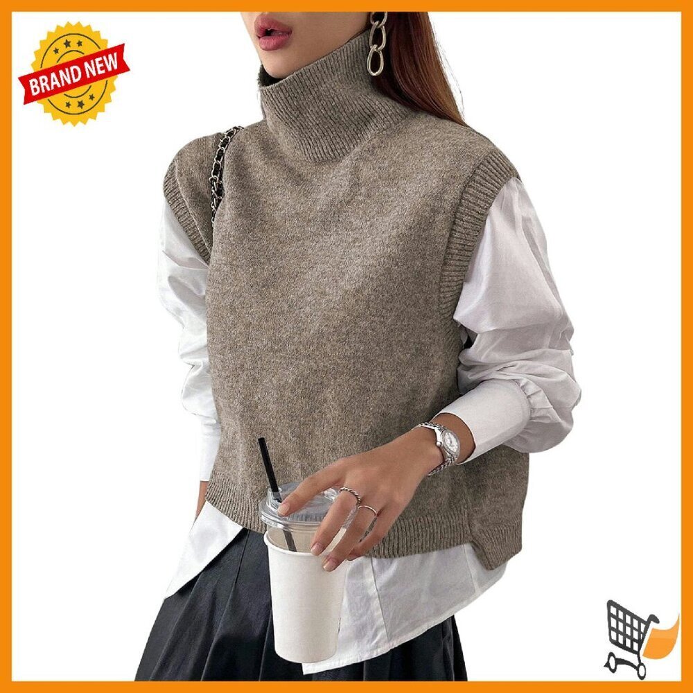 Cotton Blend Turtleneck Crop Sweater Vest Sleeveless Loose Fit